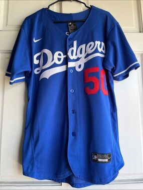 Nike Blue Dodgers Mookie Betts Jersey with White Script and Red Number